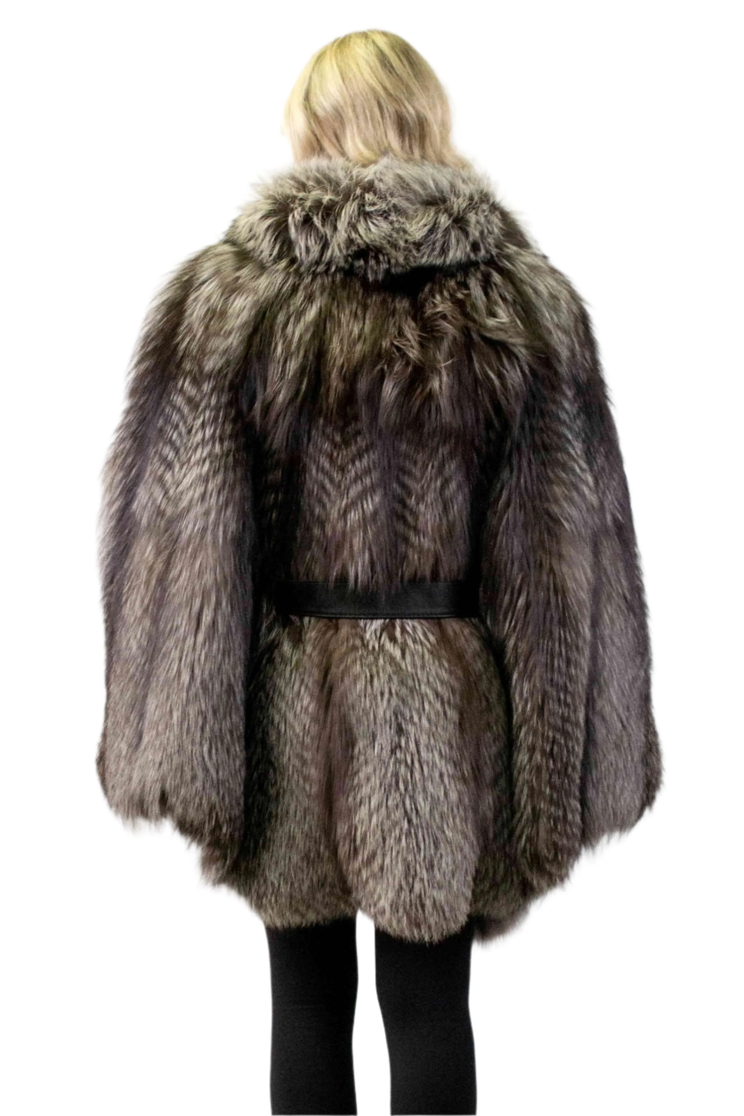 Silver Fox Fur Cape with Hood & Leather Belt