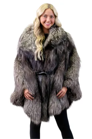 Silver Fox Fur Cape with Hood & Leather Belt