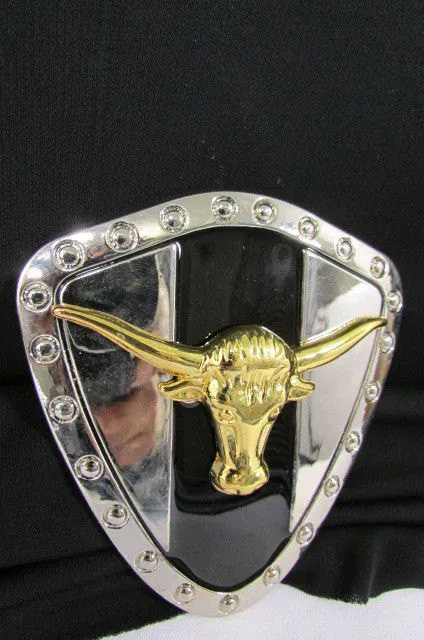 Silver Metal Shield Plate Gold Bull Head Large 3D Belt Buckle Men Cowboy Western Accessories