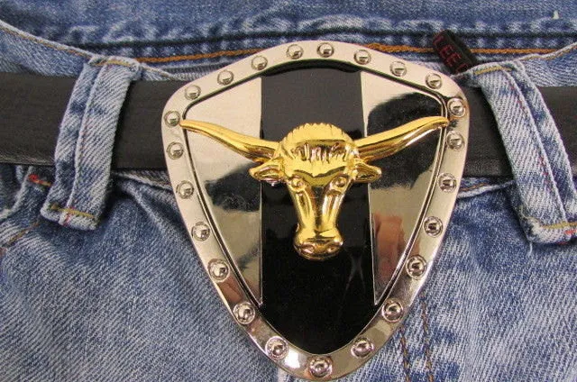 Silver Metal Shield Plate Gold Bull Head Large 3D Belt Buckle Men Cowboy Western Accessories