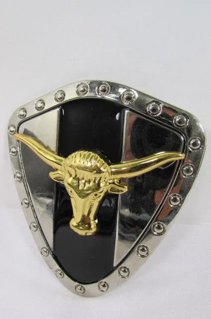 Silver Metal Shield Plate Gold Bull Head Large 3D Belt Buckle Men Cowboy Western Accessories
