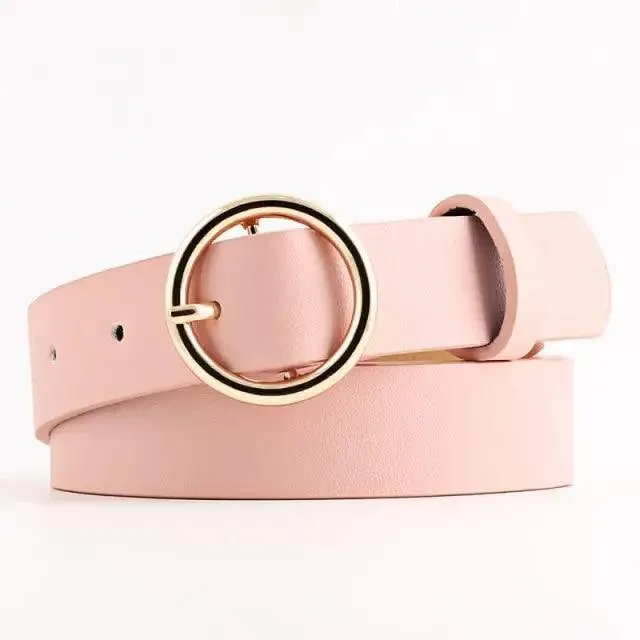 Simple Double Round Buckle PU Leather Waist Strap Vintage Design Double O-Ring Buckle  Women Leather Belt For Jeans And Dresses
