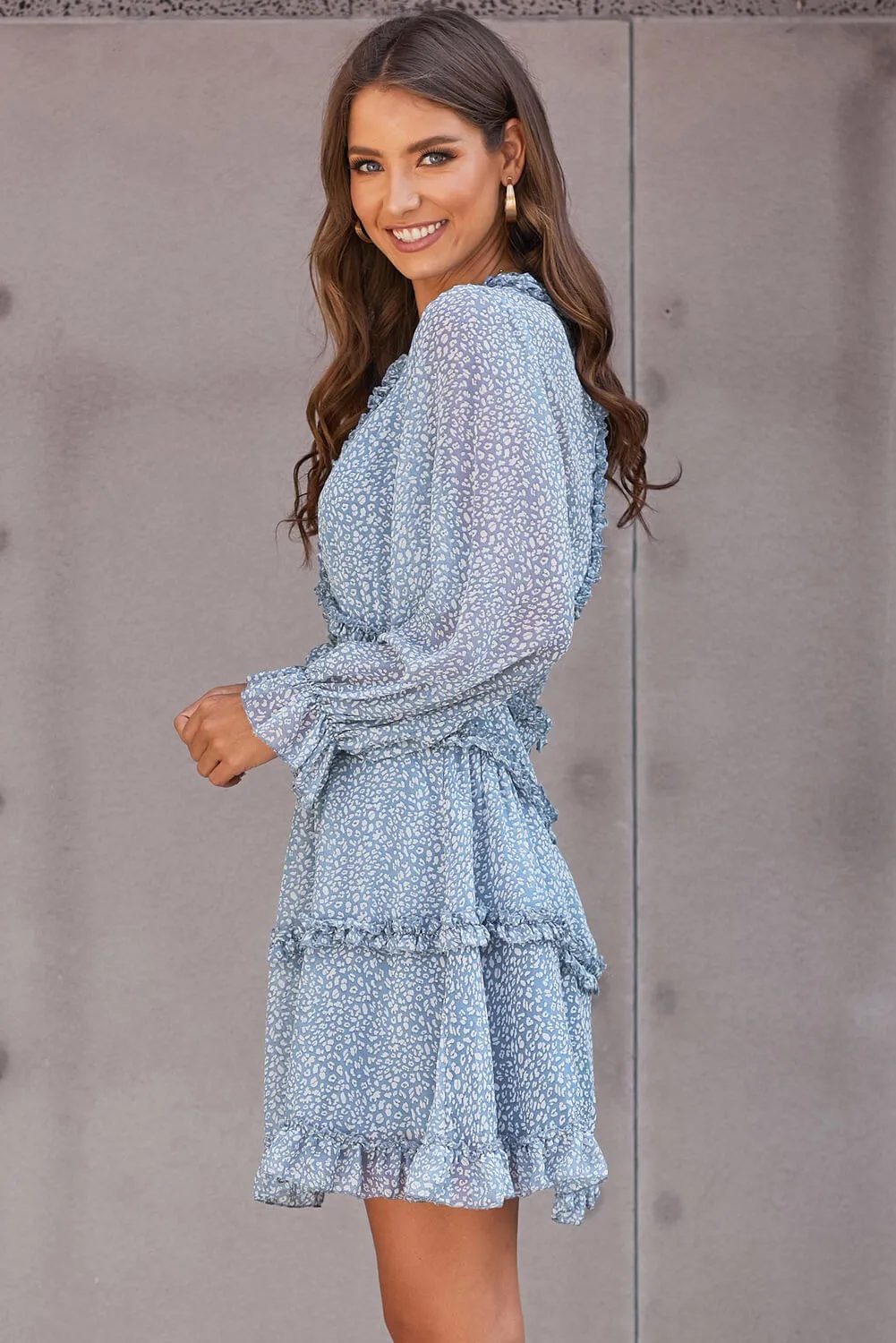 Sky Blue Ruffle Detailing Open Back Floral Dress