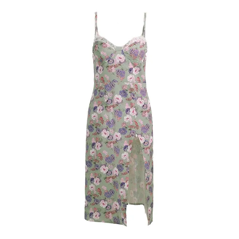 Sleeveless slit lace hem backless flower pattern print cami dress