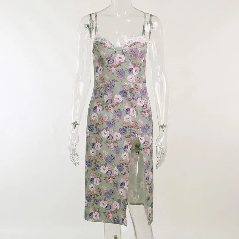 Sleeveless slit lace hem backless flower pattern print cami dress