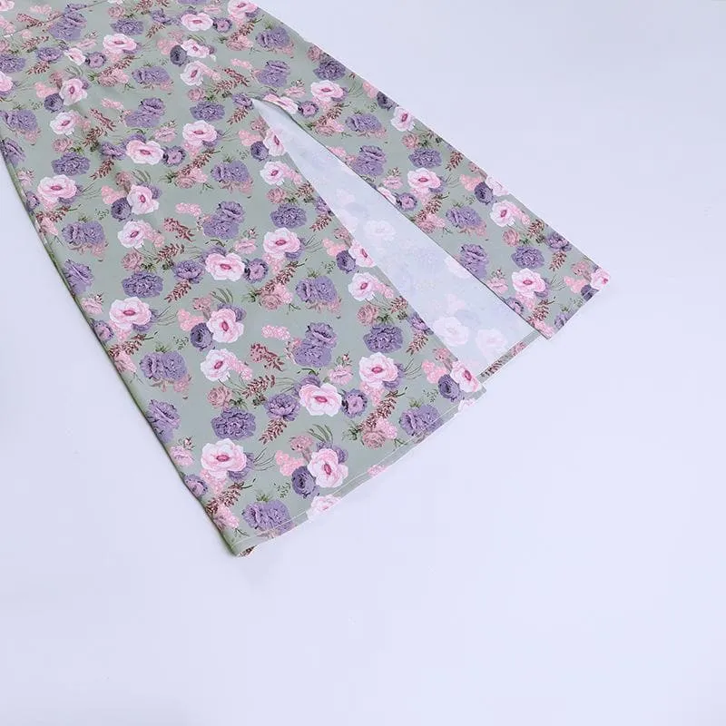 Sleeveless slit lace hem backless flower pattern print cami dress