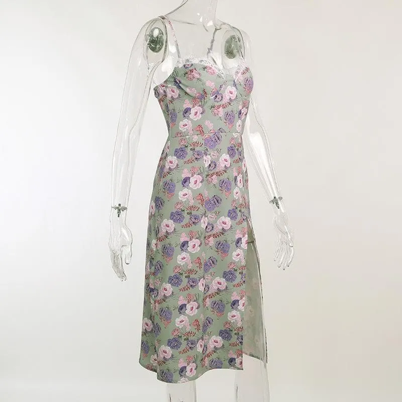 Sleeveless slit lace hem backless flower pattern print cami dress