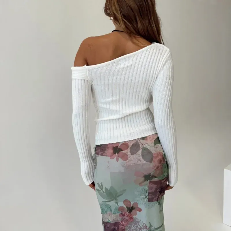 Spark Off-Shoulder Long Sleeve Ribbed Knit Sweater