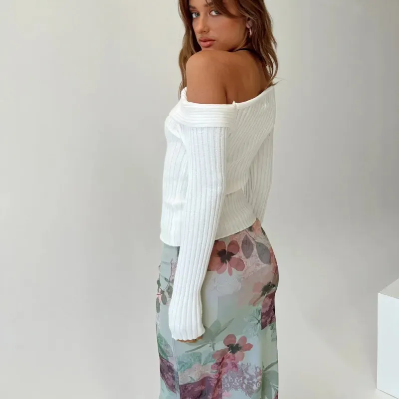 Spark Off-Shoulder Long Sleeve Ribbed Knit Sweater