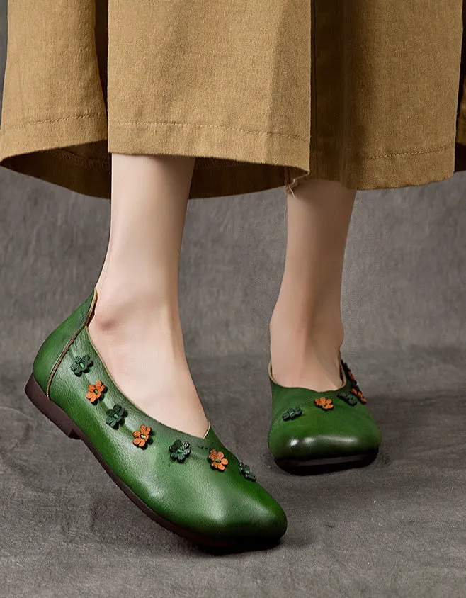Square Toe Flower Decor Comfortable Retro Flat Shoes