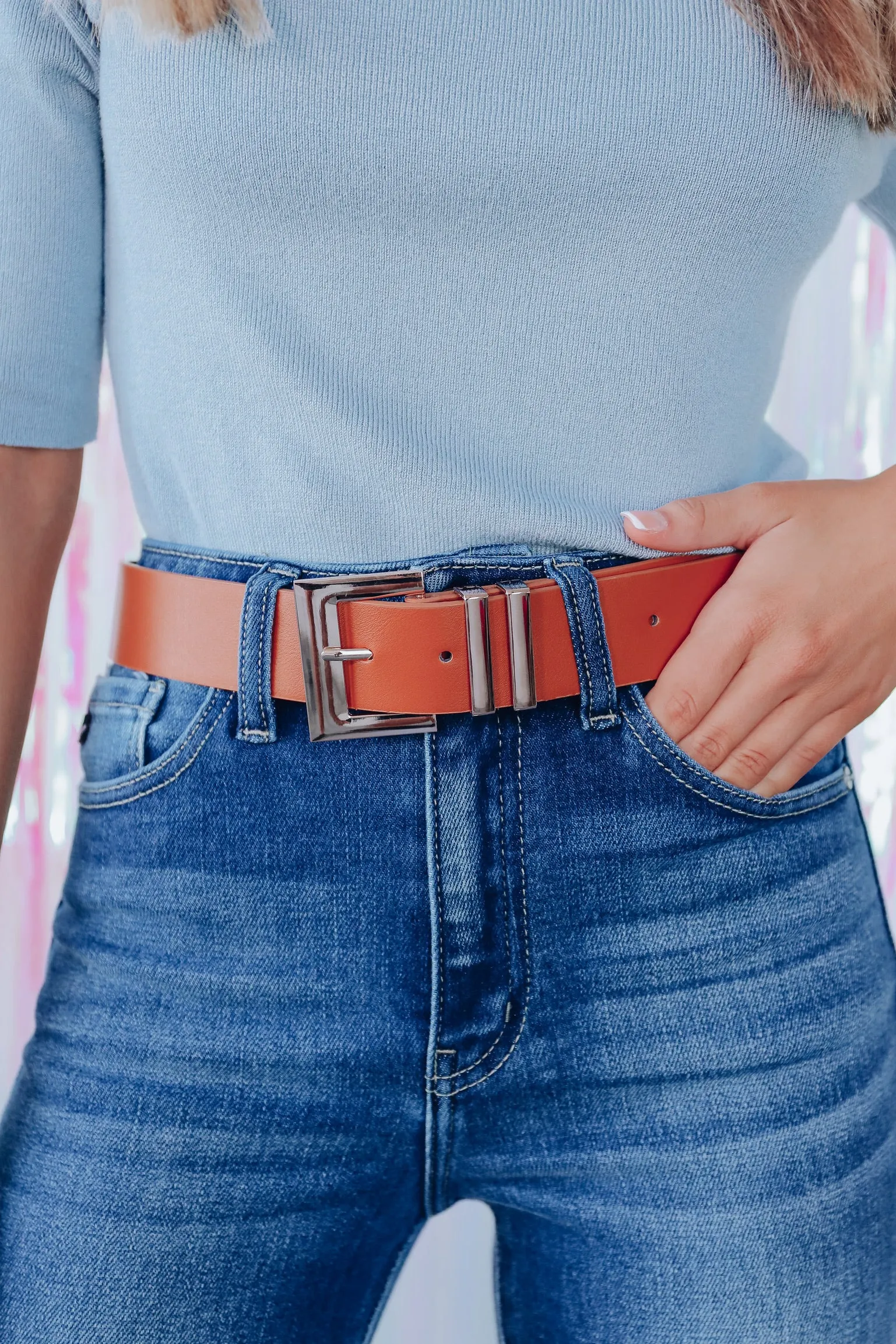 Staple Rectangle Buckle Belt - Cognac