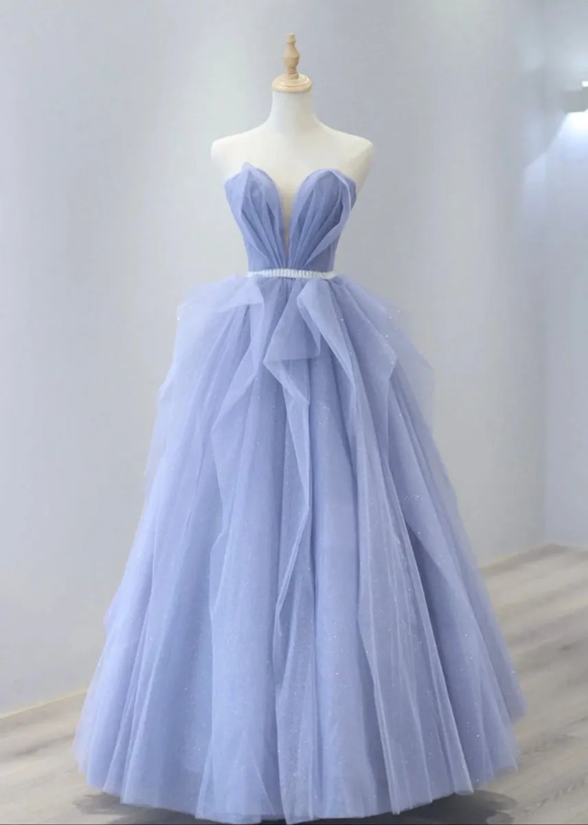 Strapless Tulle Long Prom Dresses Lovely Sweetheart Neckline Evening Dresses