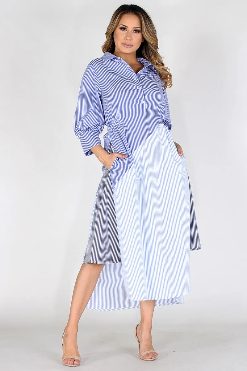 Stripe color  midi dress hi lo hem with pockets
