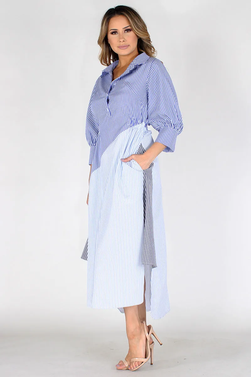 Stripe color  midi dress hi lo hem with pockets