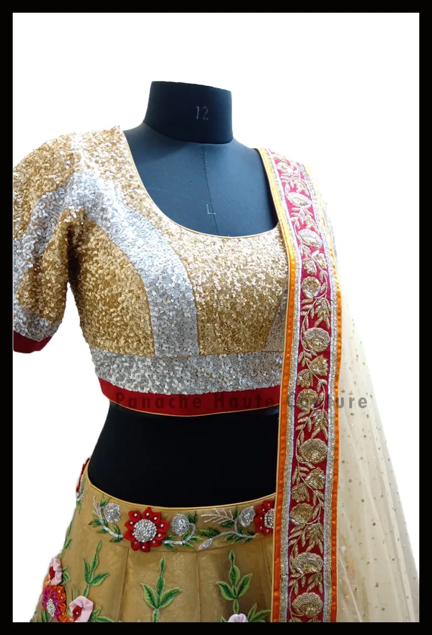 Stunning Party-wear Gold Lehenga with Thread and Hand Embroidery