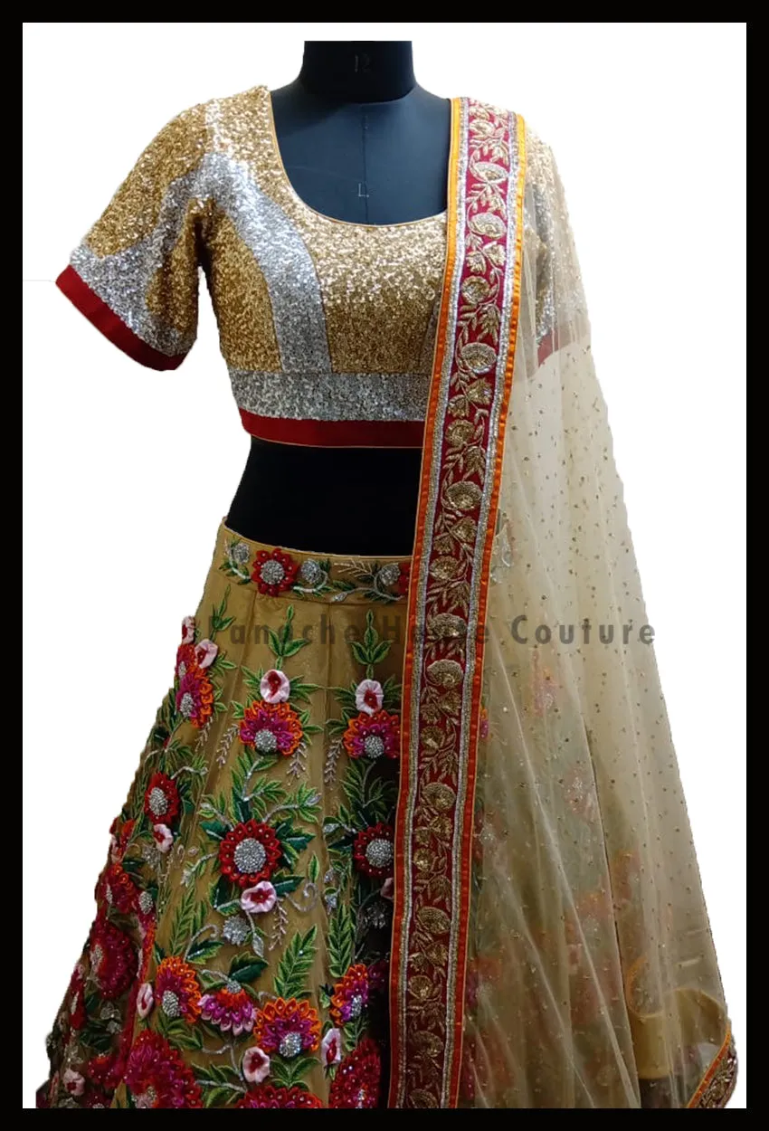 Stunning Party-wear Gold Lehenga with Thread and Hand Embroidery