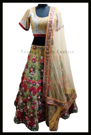 Stunning Party-wear Gold Lehenga with Thread and Hand Embroidery
