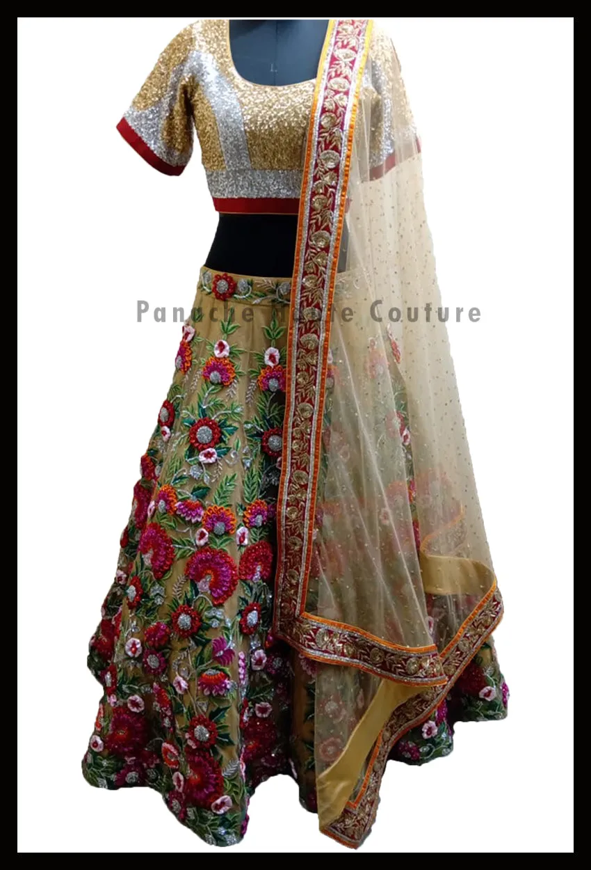Stunning Party-wear Gold Lehenga with Thread and Hand Embroidery