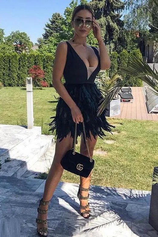 Stylish Deep V Neck Black Short Homecoming Dresses with Feather OHM079