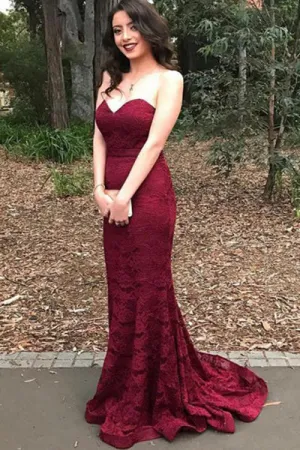 Stylish Sweetheart Mermaid Sweep Train Burgundy Lace Prom Dress LPD063