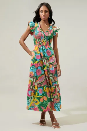 Sugarlips Lanai Multi Tropics Sunfire Smocked Bodice Tiered Midi Dress