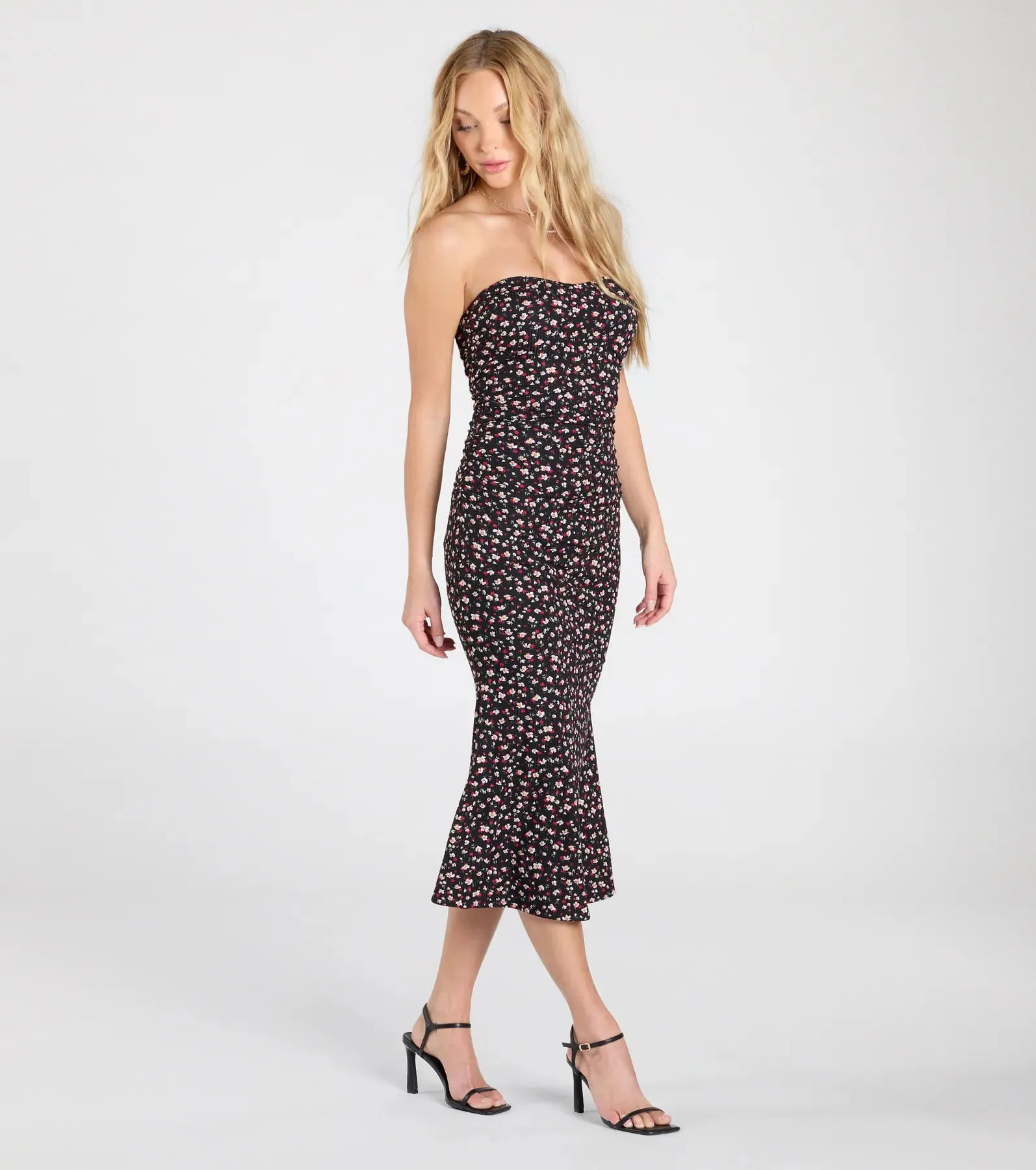 Sweetest Soul Strapless Floral Flare Midi Dress