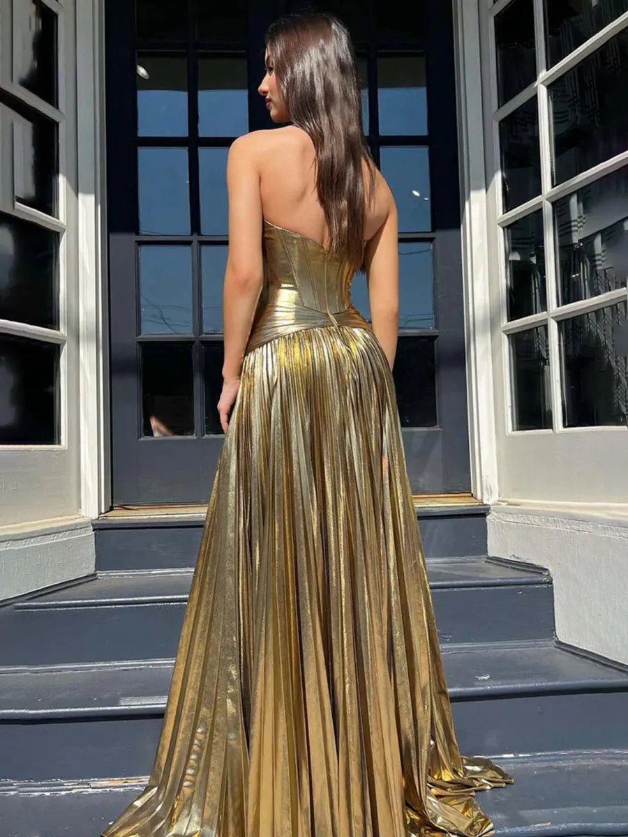 Sweetheart Metallic Pleated Long Formal Dresses with Slit