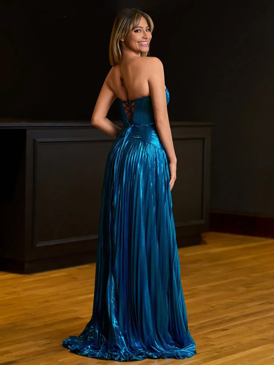 Sweetheart Metallic Pleated Long Formal Dresses with Slit