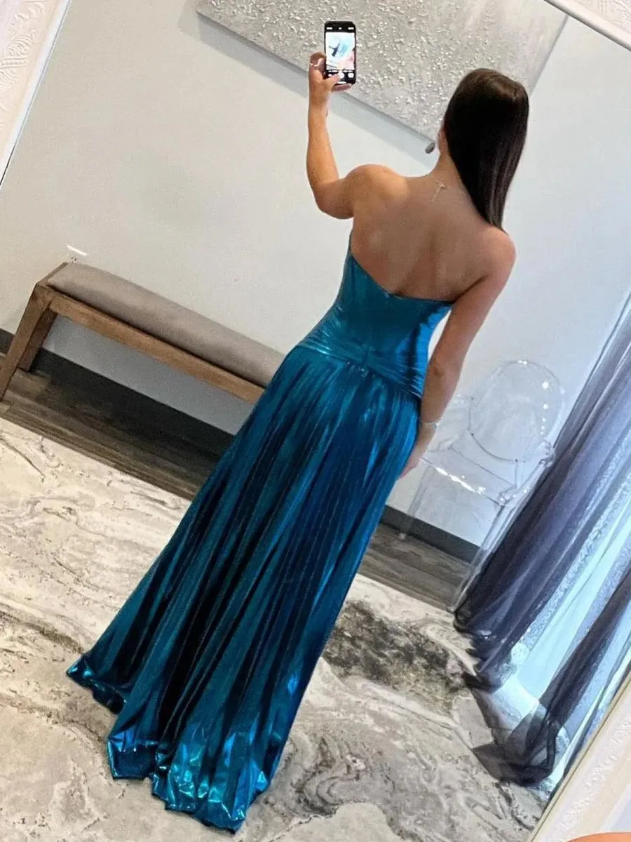 Sweetheart Metallic Pleated Long Formal Dresses with Slit