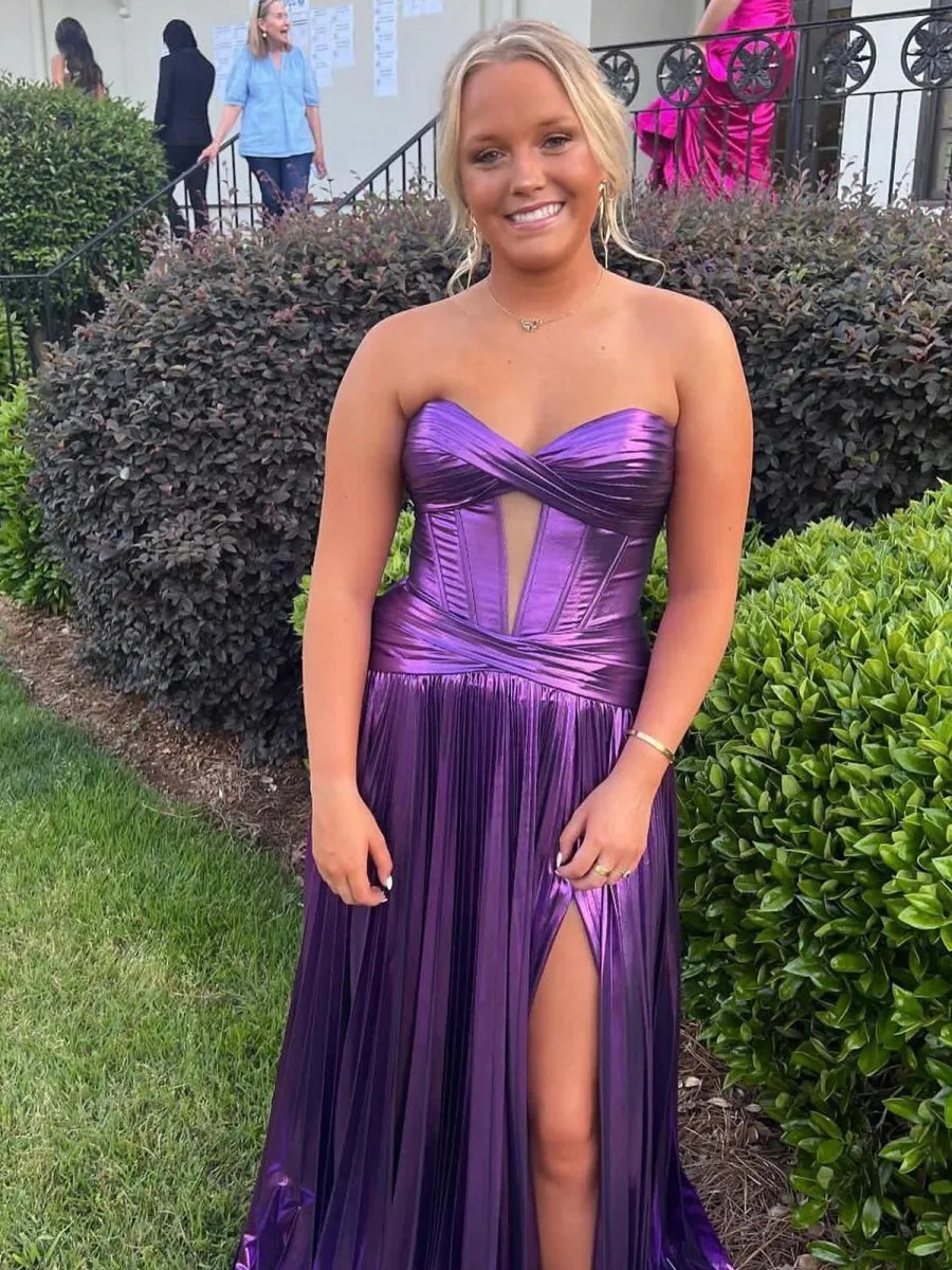 Sweetheart Metallic Pleated Long Formal Dresses with Slit
