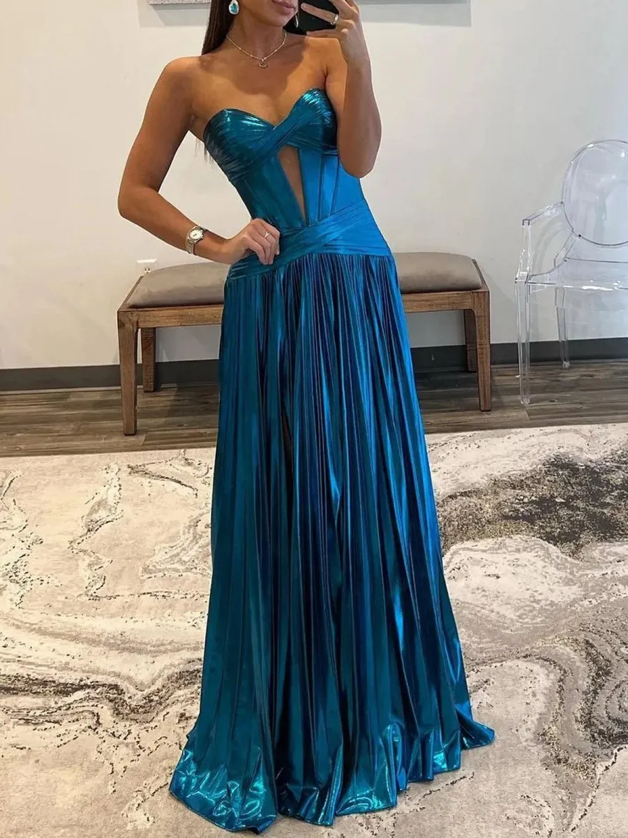 Sweetheart Metallic Pleated Long Formal Dresses with Slit
