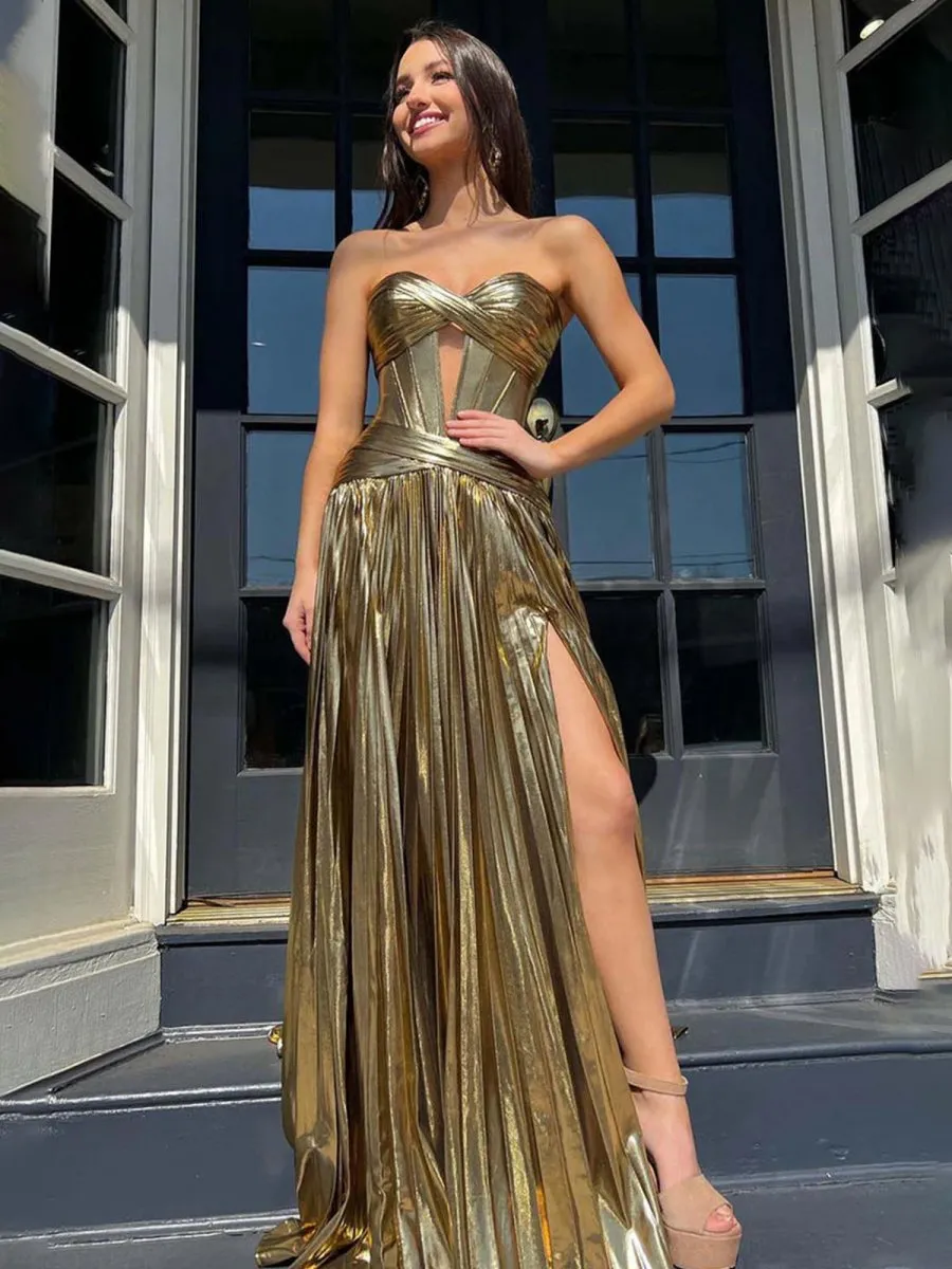 Sweetheart Metallic Pleated Long Formal Dresses with Slit