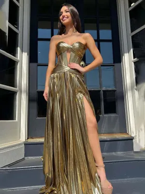 Sweetheart Metallic Pleated Long Formal Dresses with Slit
