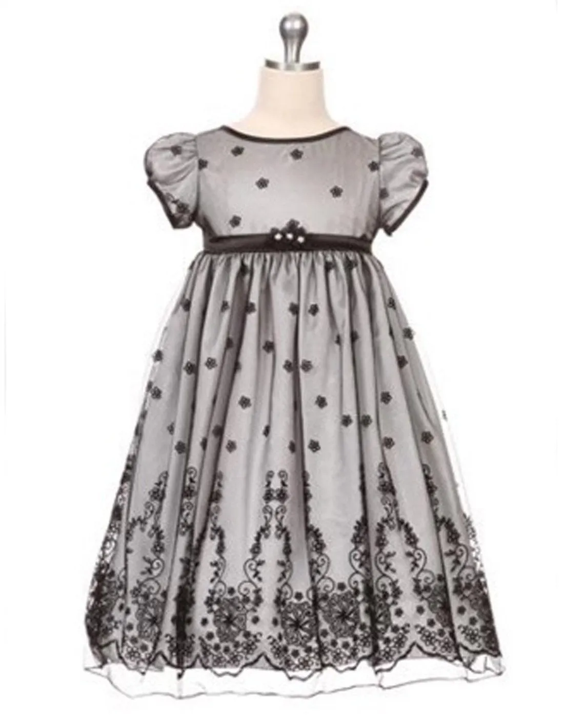 Taffeta and Floral Embroidered Tulle Overlay Dress - Silver