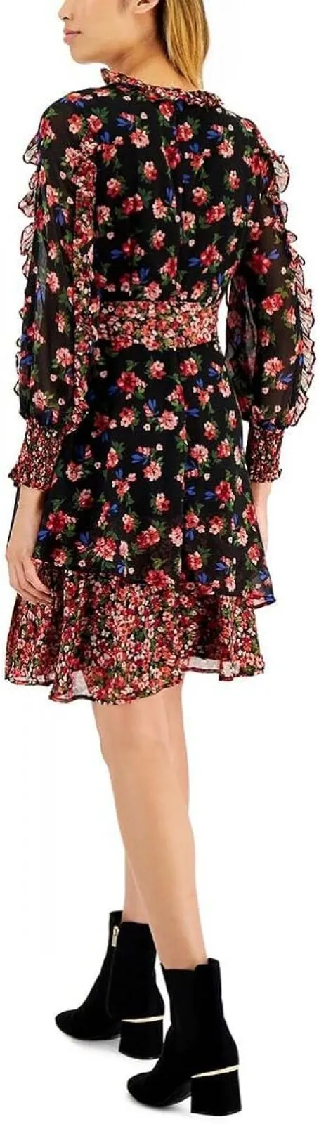 Tahari Asl Womens Chiffon Ruffled Fit & Flare Dress 2AM121-T2 Black / Red 12