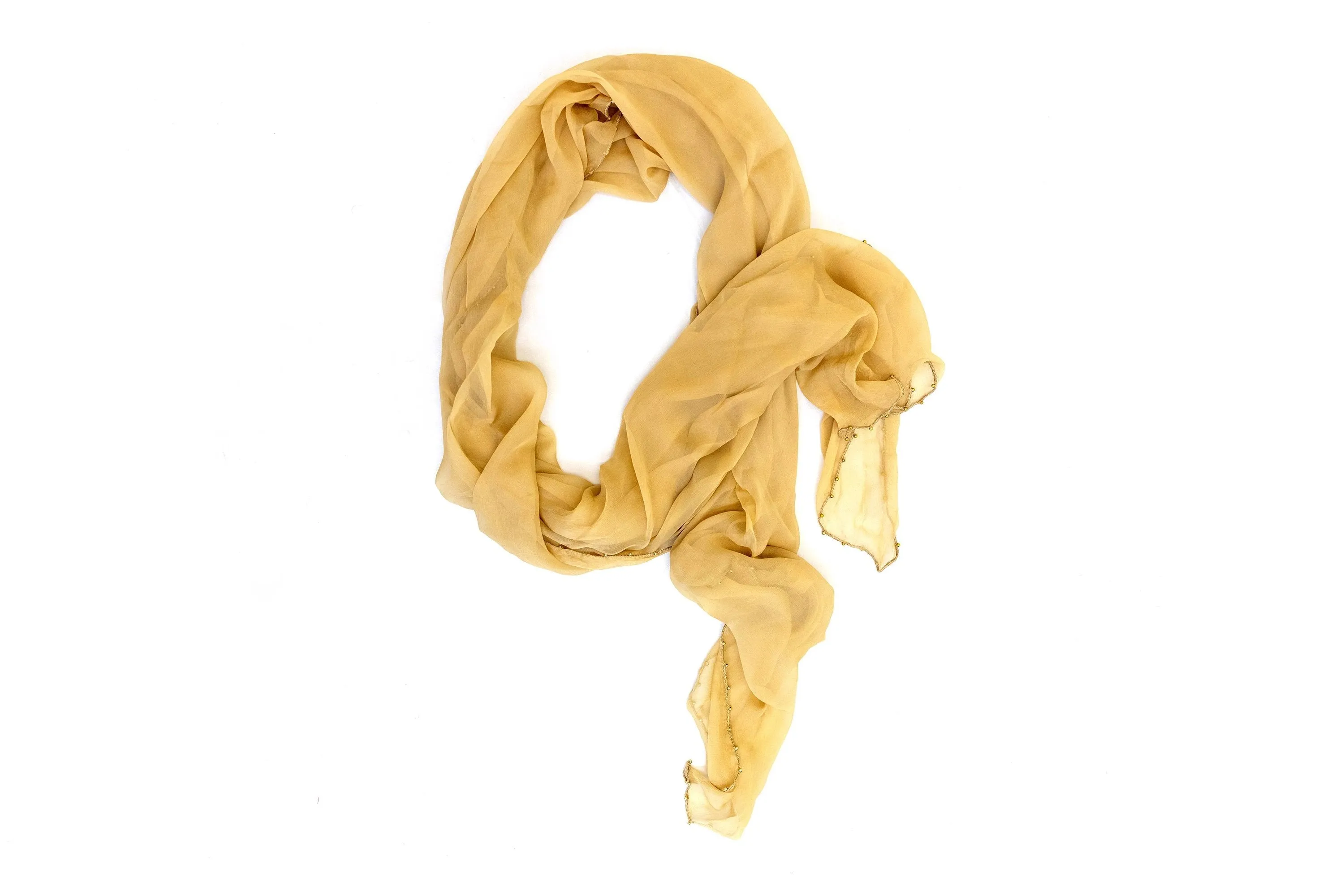 Tan - Beige Chiffon Beaded Dupatta - Scarf