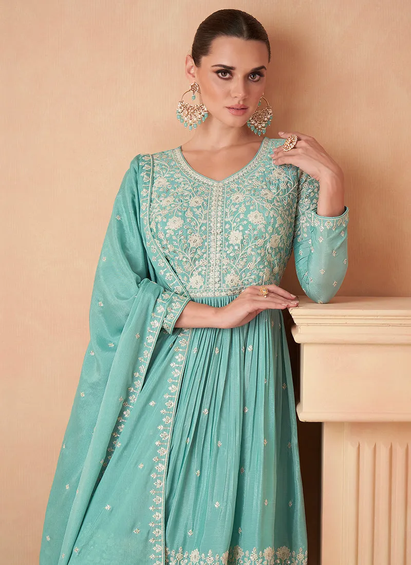Teal Blue Sequence Embroidery Wedding Gharara Suit