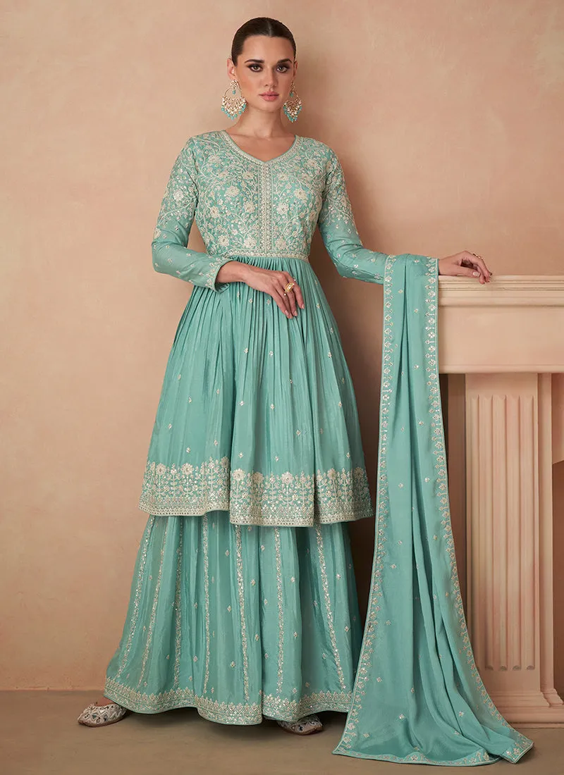 Teal Blue Sequence Embroidery Wedding Gharara Suit