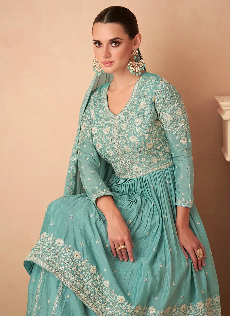 Teal Blue Sequence Embroidery Wedding Gharara Suit