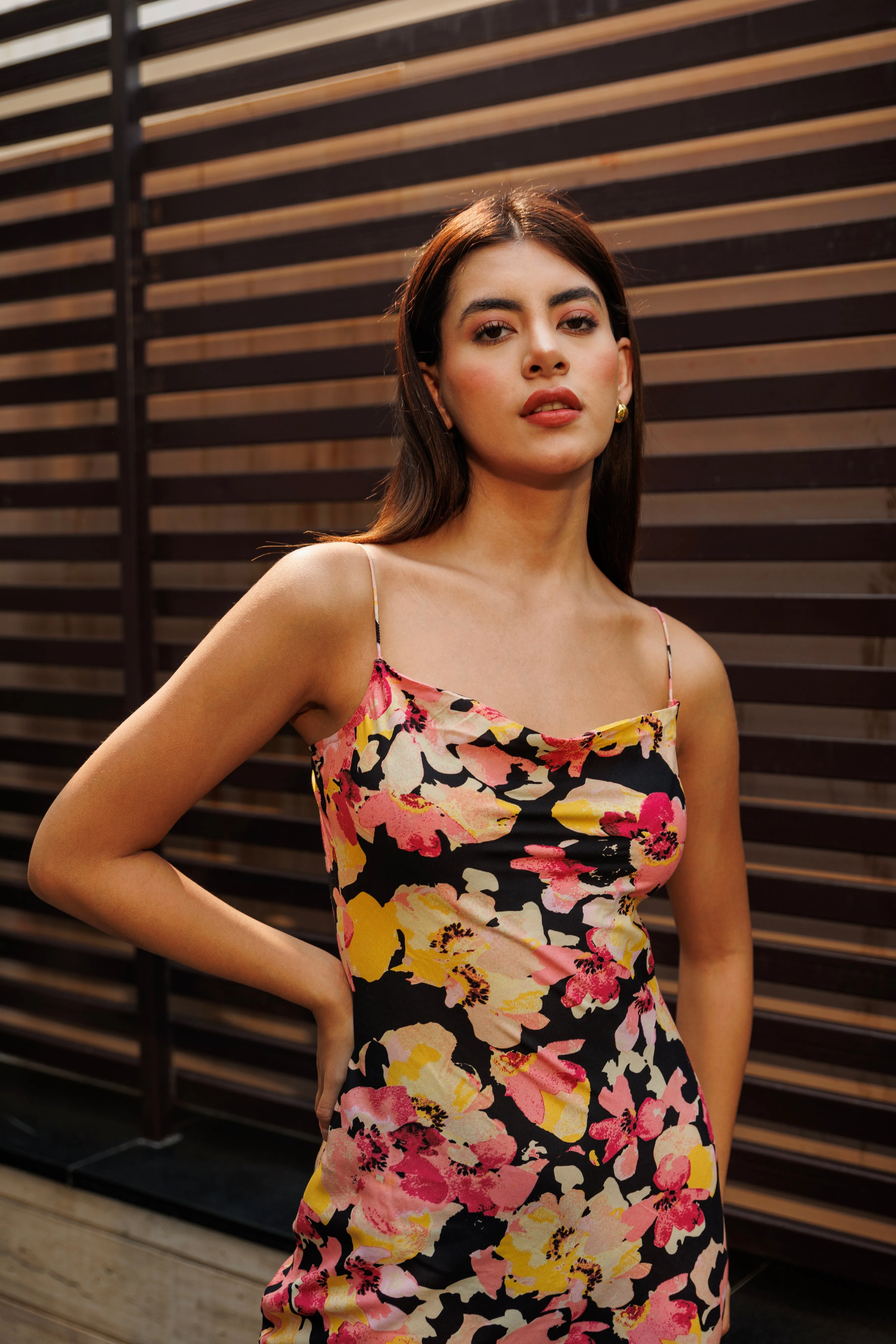 Tempting tales - black floral cowl neck maxi dress
