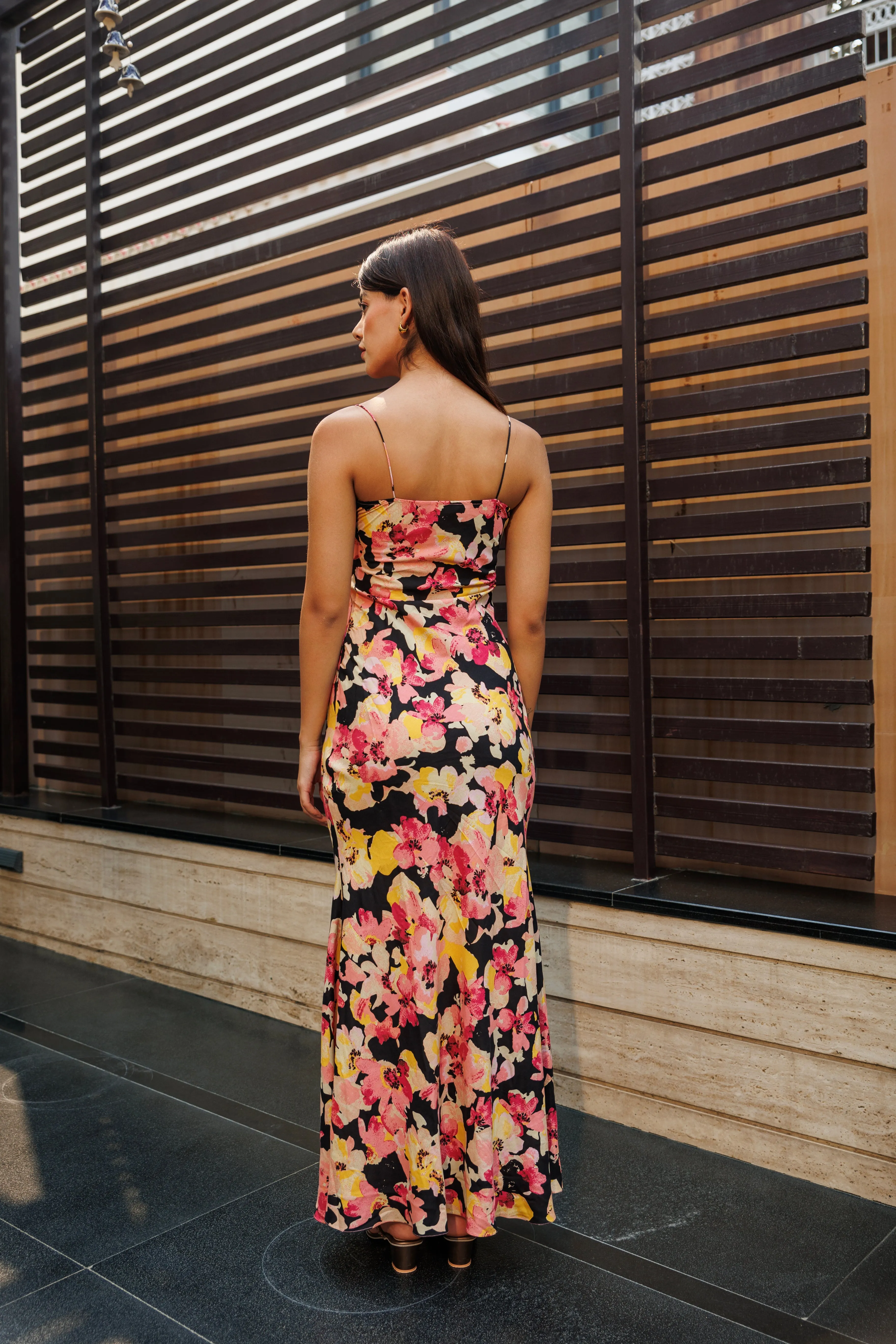 Tempting tales - black floral cowl neck maxi dress