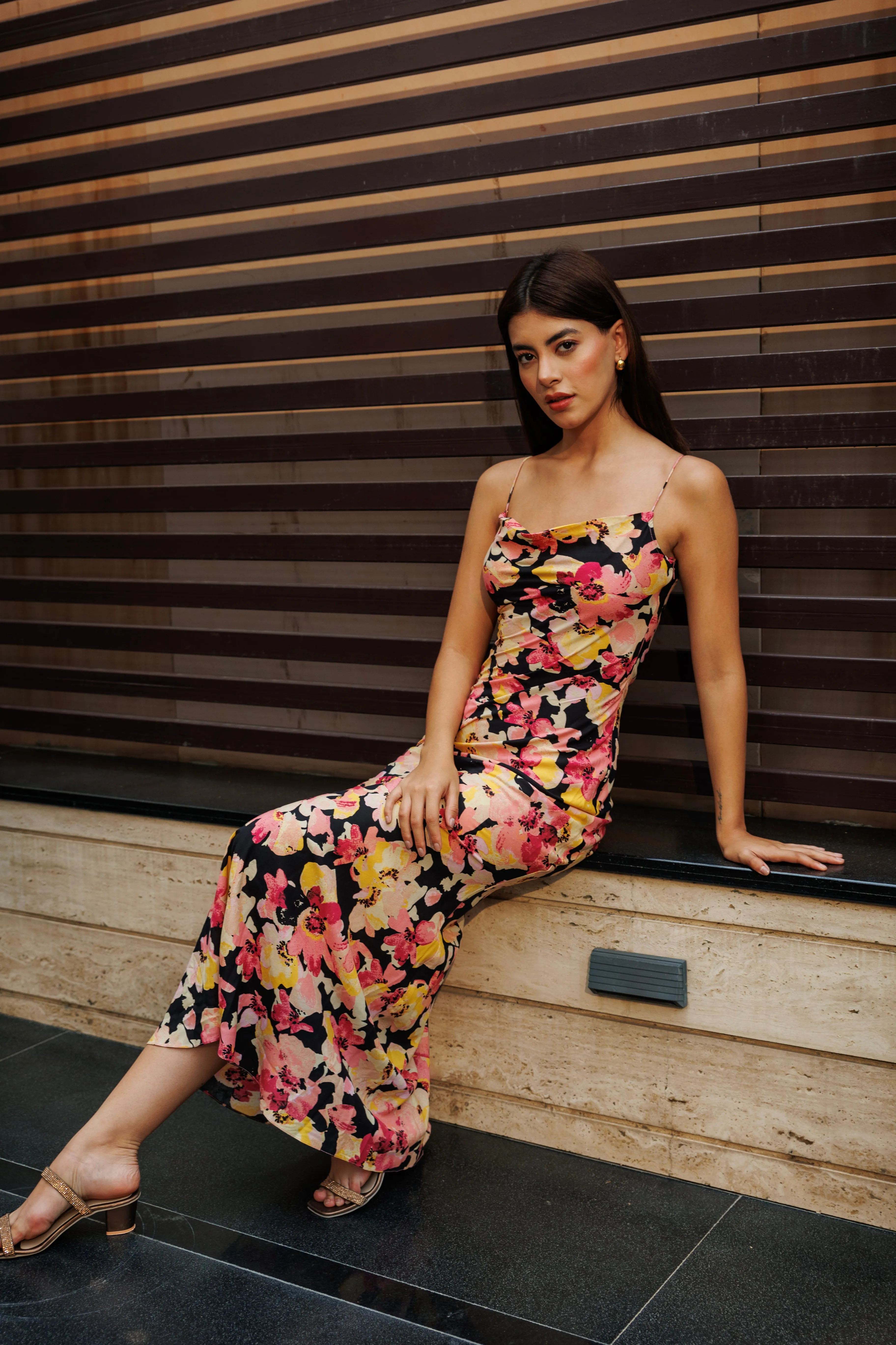Tempting tales - black floral cowl neck maxi dress