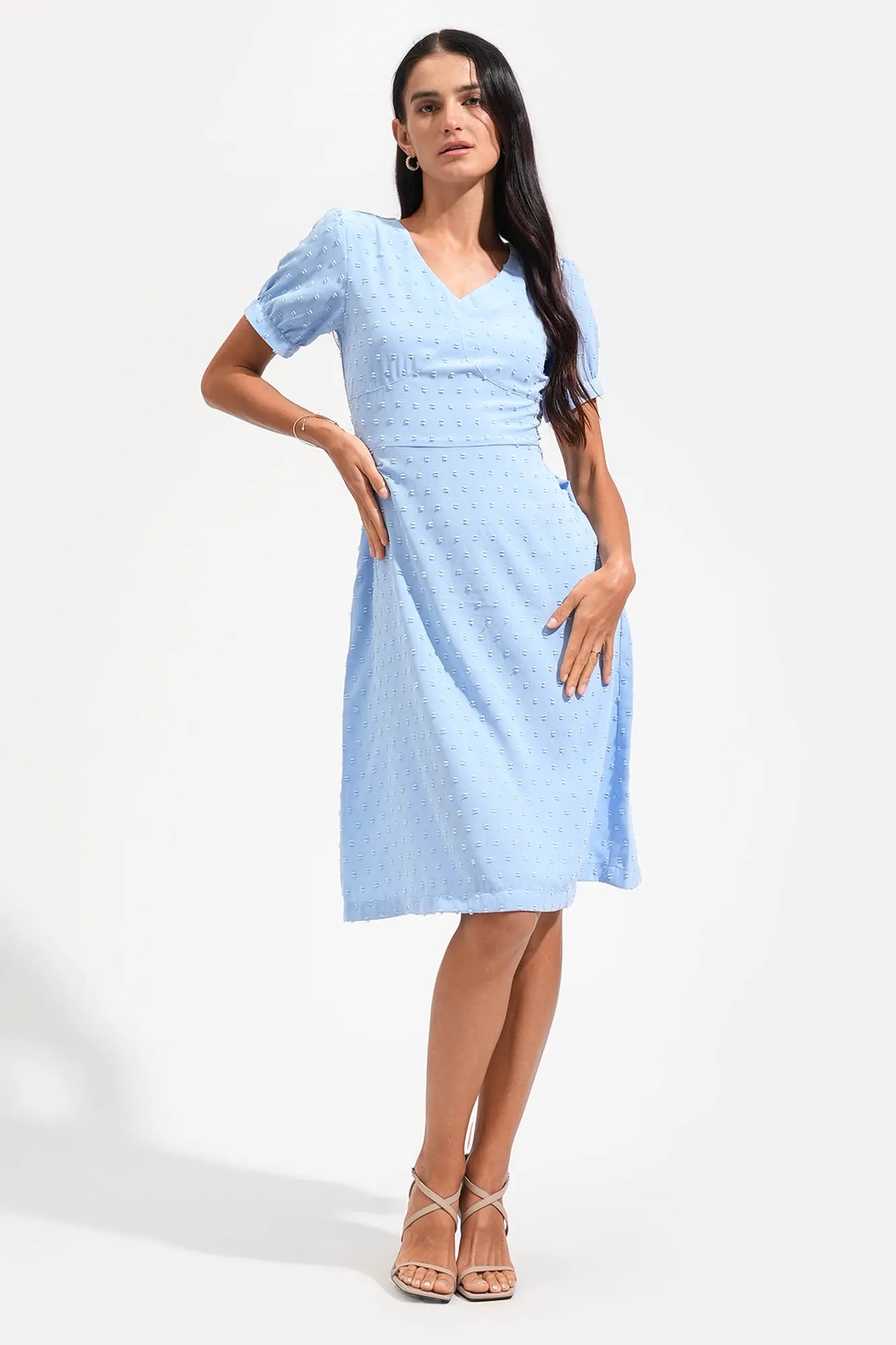 Textured Polka Dot V-Neck Shirred Waist Dress