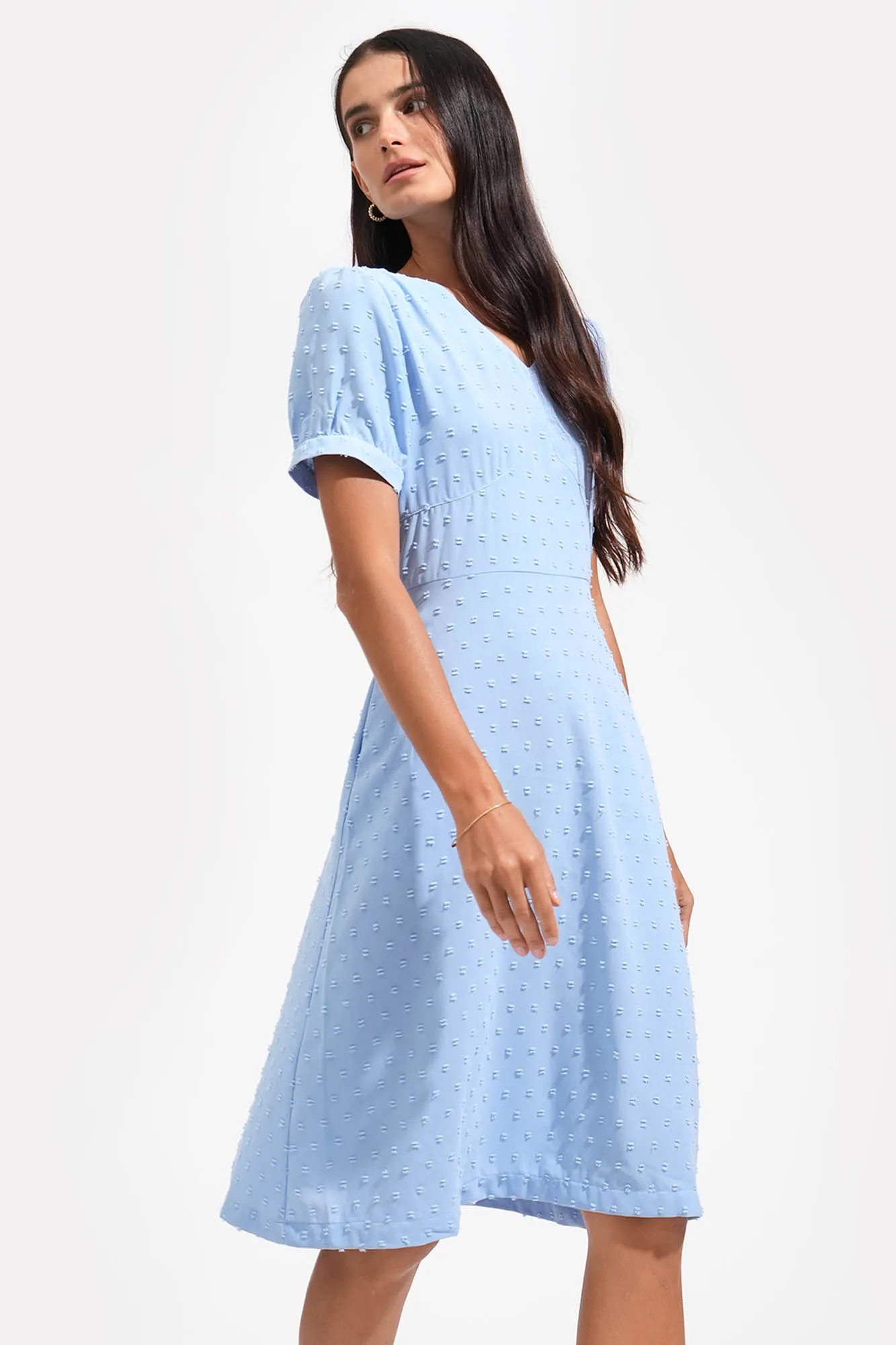 Textured Polka Dot V-Neck Shirred Waist Dress