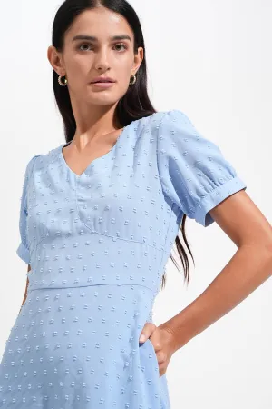 Textured Polka Dot V-Neck Shirred Waist Dress