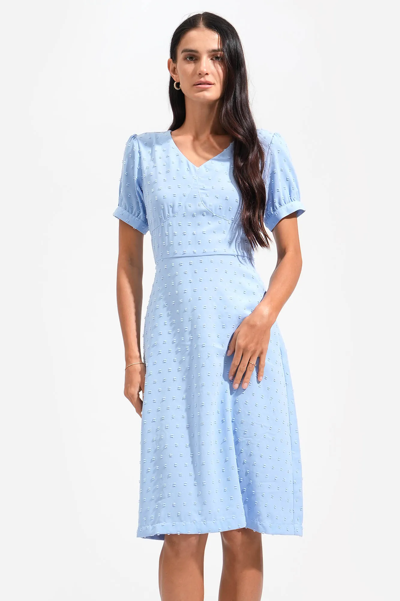 Textured Polka Dot V-Neck Shirred Waist Dress