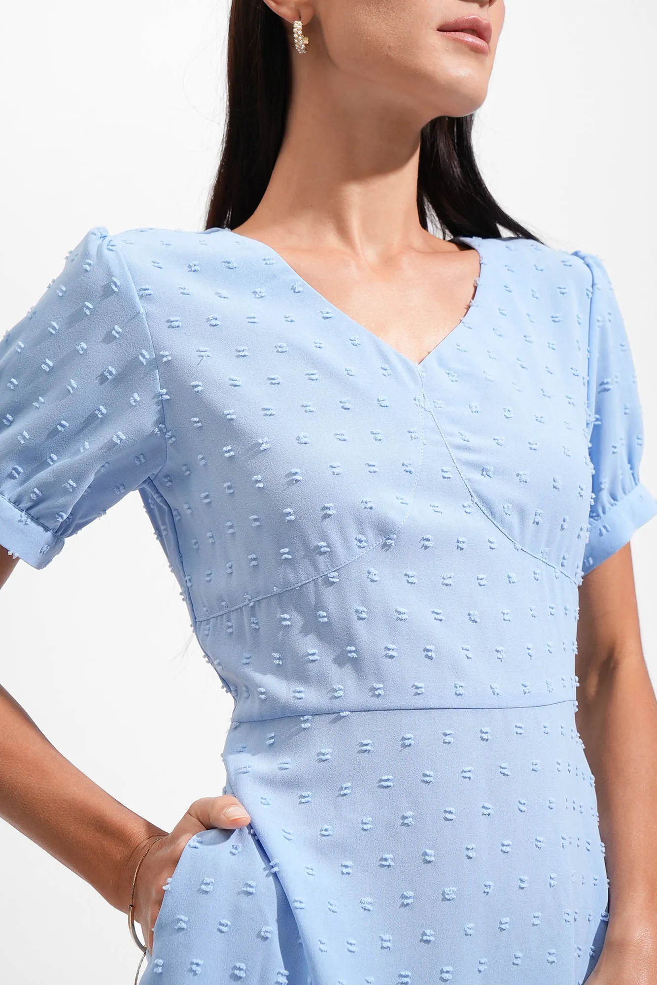 Textured Polka Dot V-Neck Shirred Waist Dress