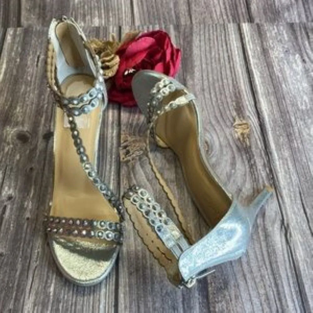 THALIA SODI Darrla Silver Rhinestone Strappy Evening Sandals 7.5M