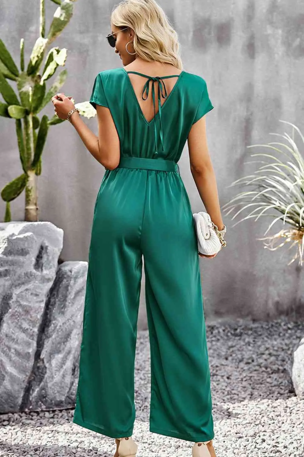 Tie Belt V-Neck Short Sleeve Jumpsuit