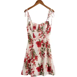 Tied Strap Red Floral Fit and Flare Mini Dress